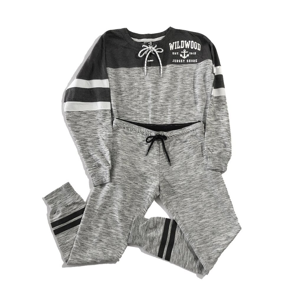 LE Womens Size M Gray Black Wildwood Jersey Pullover Sweatshirt Sweatpants Set
